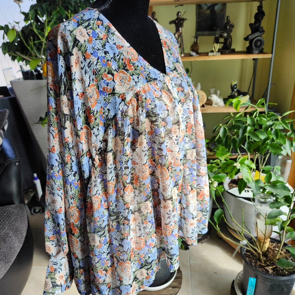 Hailey & Co. Multicolor Floral Dolman Batwing Style Sleeve Button Blouse Small
